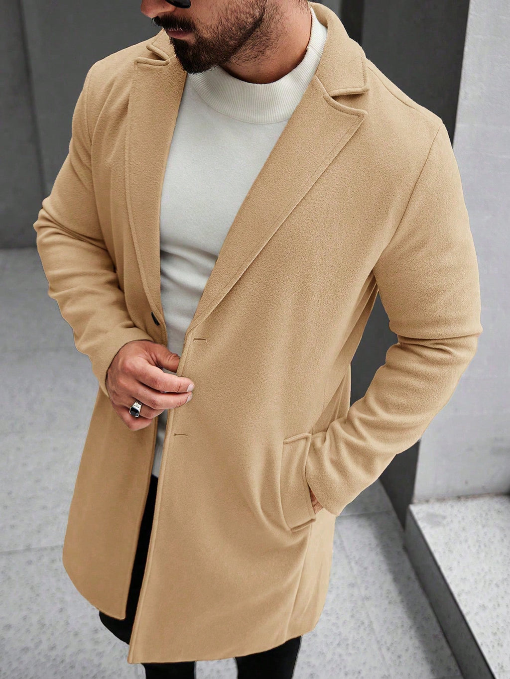Elevate Your Style with the Manfinity Mode Men's Khaki Long Sleeve Overcoat - Perfect for Autumn and Winter