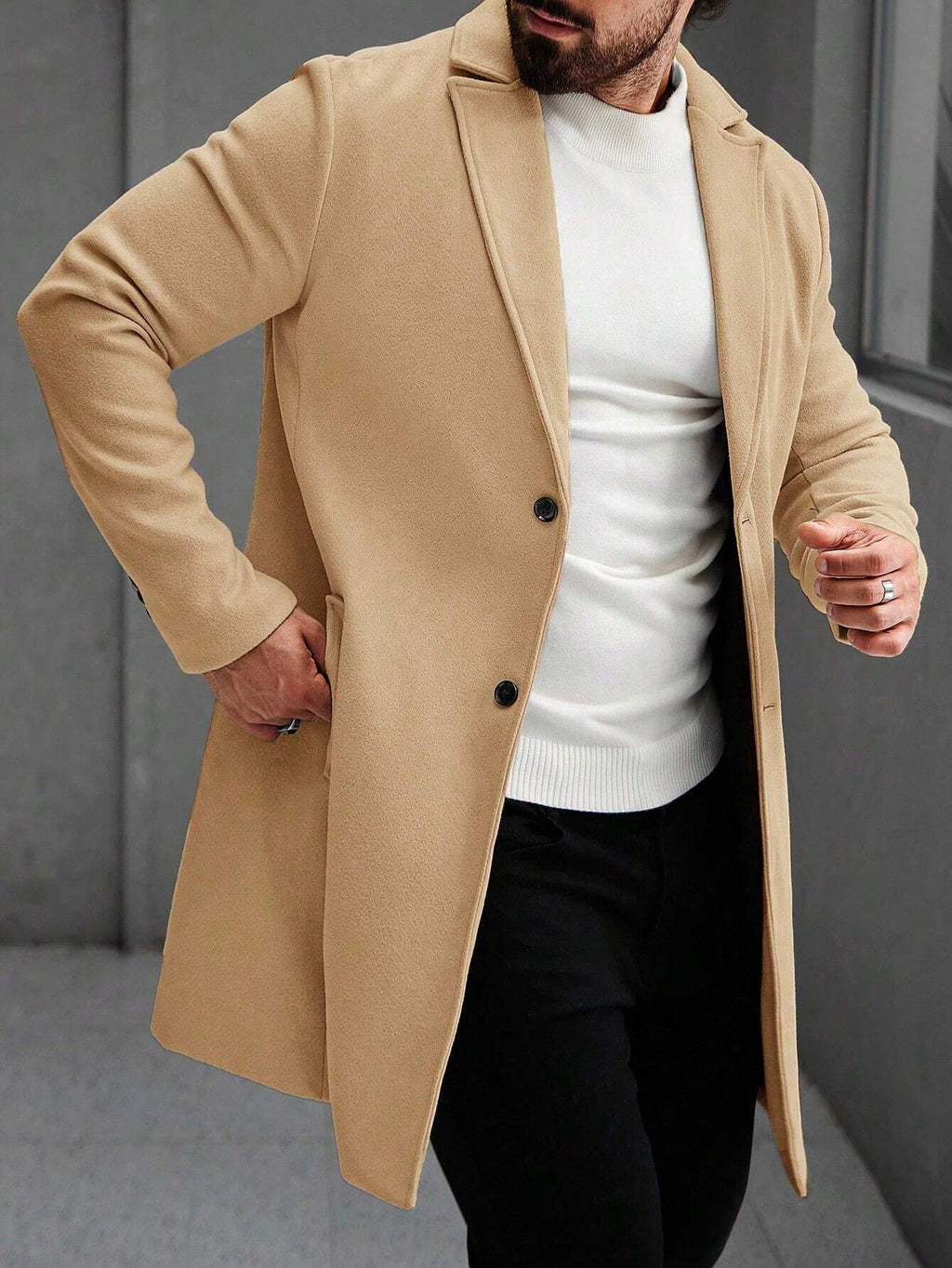 Elevate Your Style with the Manfinity Mode Men's Khaki Long Sleeve Overcoat - Perfect for Autumn and Winter