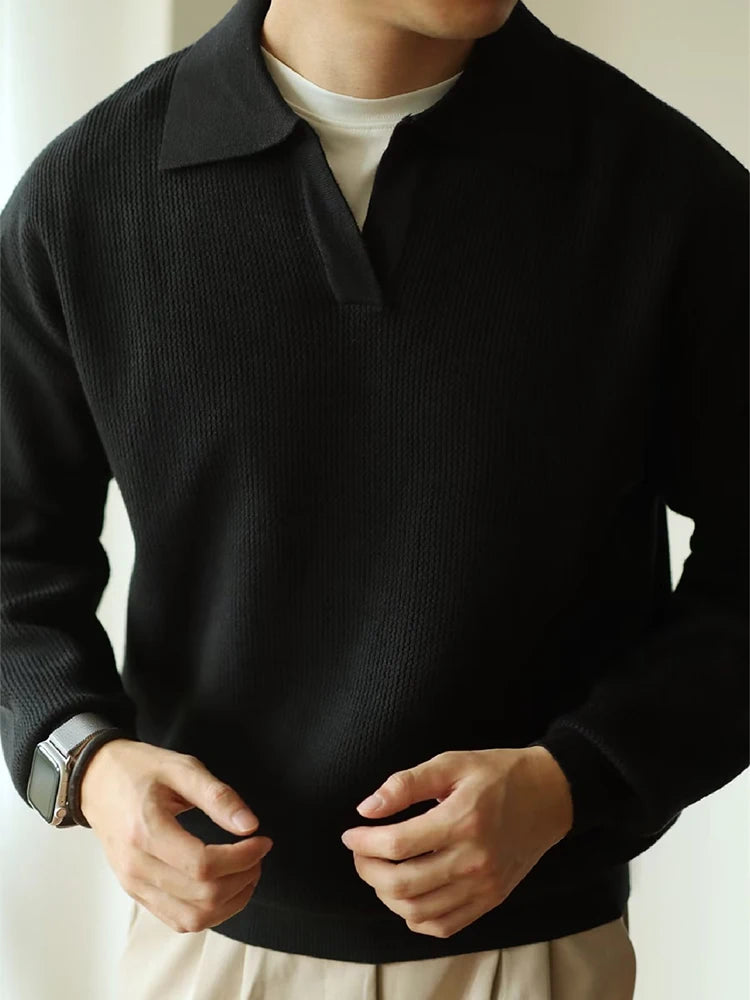 Elevate Your Casual Wardrobe with Our Stylish Men's Long Sleeve Knitted Polo Sweater - Perfect for Autumn and Winter!