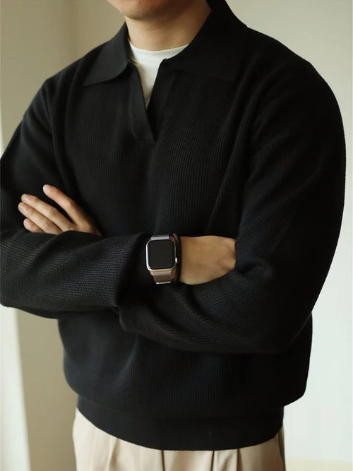 Elevate Your Casual Wardrobe with Our Stylish Men's Long Sleeve Knitted Polo Sweater - Perfect for Autumn and Winter!