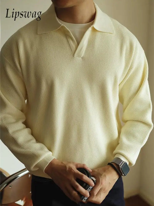Elevate Your Casual Wardrobe with Our Stylish Men's Long Sleeve Knitted Polo Sweater - Perfect for Autumn and Winter!