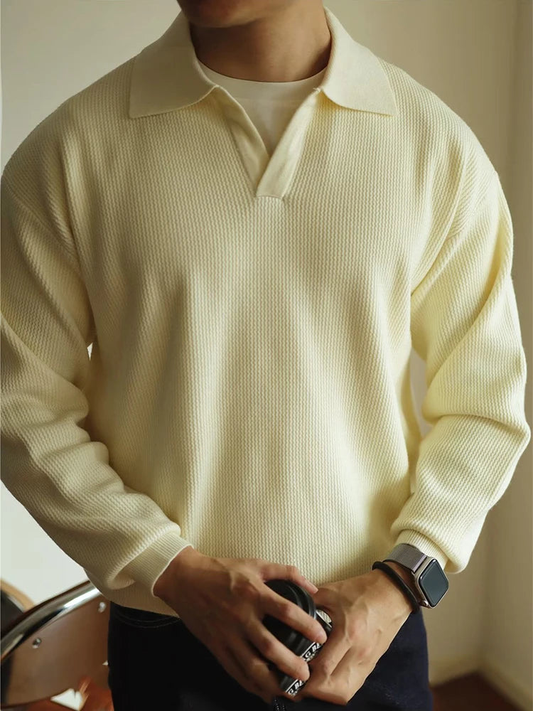 Elevate Your Casual Wardrobe with Our Stylish Men's Long Sleeve Knitted Polo Sweater - Perfect for Autumn and Winter!