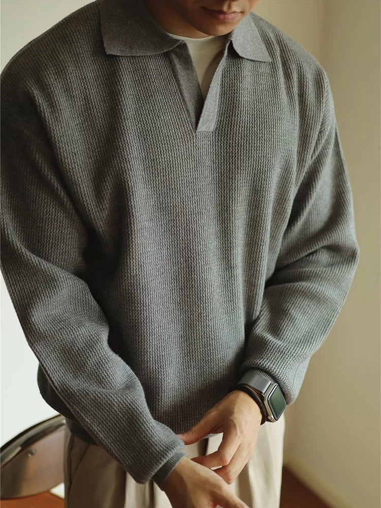 Elevate Your Casual Wardrobe with Our Stylish Men's Long Sleeve Knitted Polo Sweater - Perfect for Autumn and Winter!