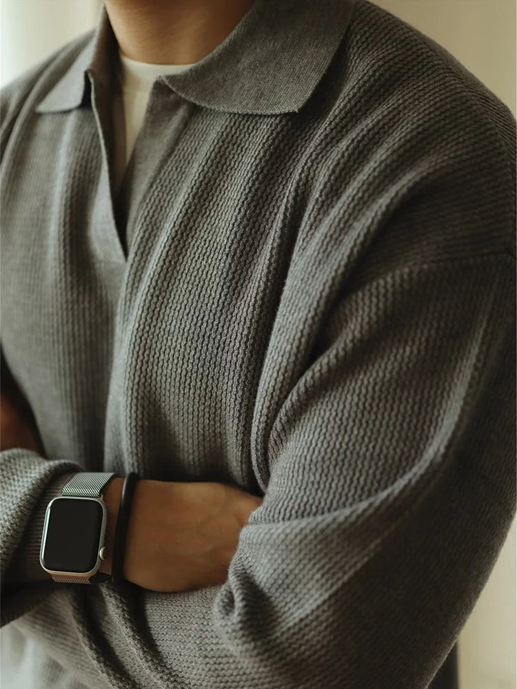 Elevate Your Casual Wardrobe with Our Stylish Men's Long Sleeve Knitted Polo Sweater - Perfect for Autumn and Winter!